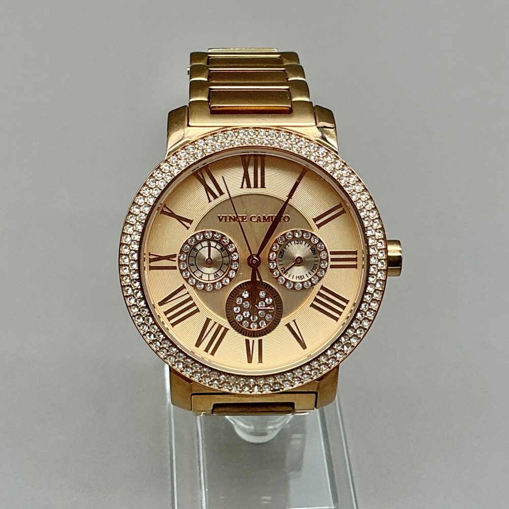 Vince Camuto Watch Womens Gold Tone Crystal Bezel Roman Numeral NEW BATTERY